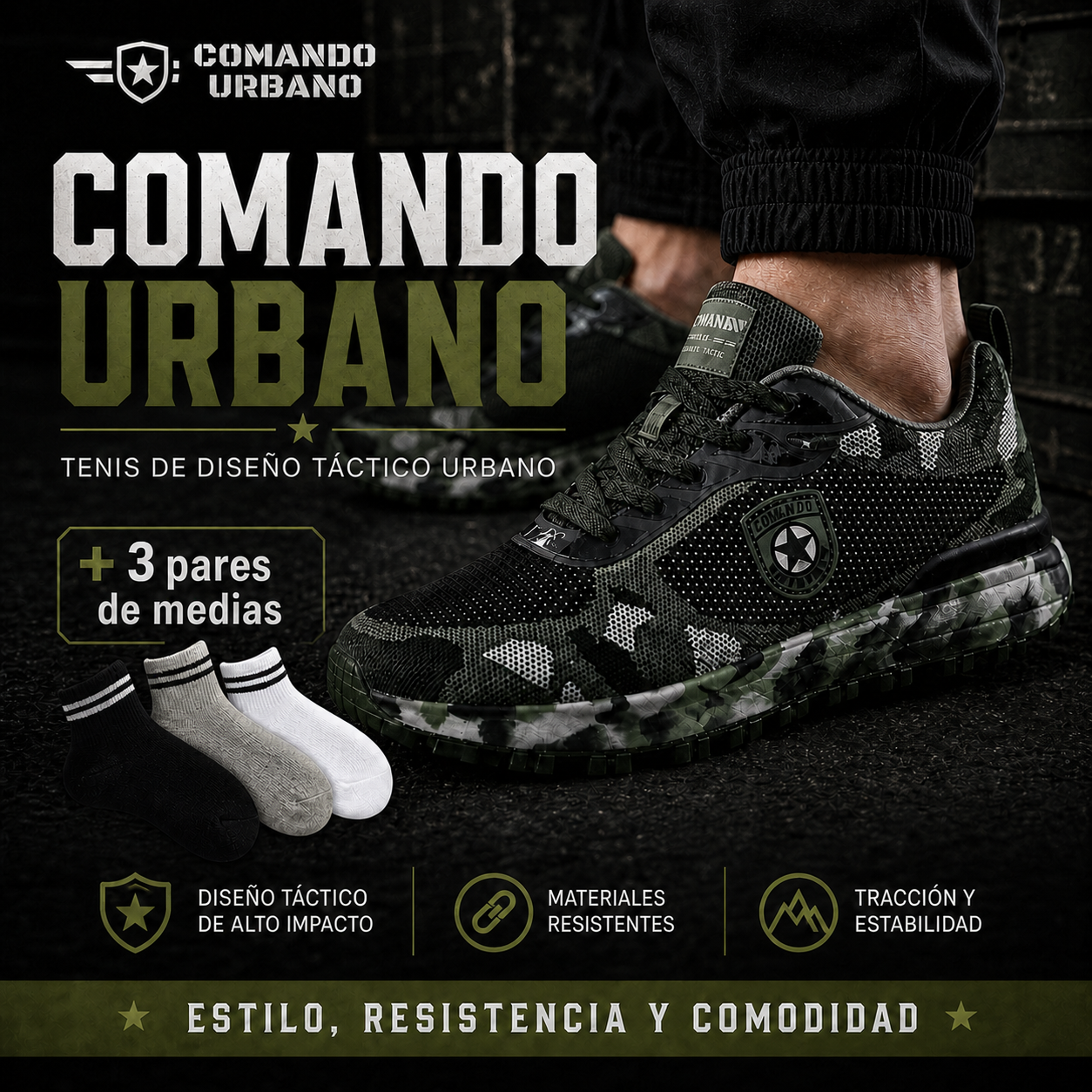 "PACK COMANDO URBANO CAMUFLADO 👟🎯 - Tenis de diseño táctico urbano + 3 pares de medias deportivas 🧦🔥"