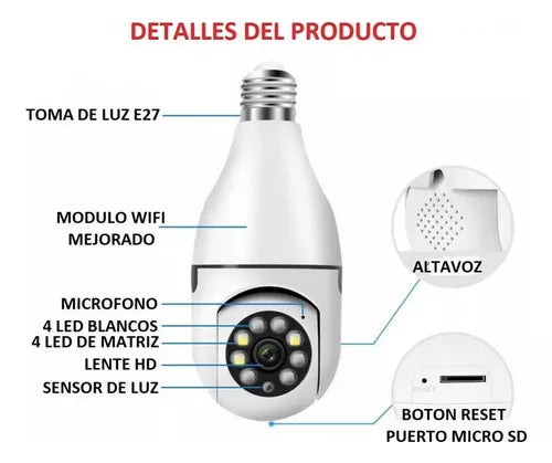 Cámara De Seguridad Wifi Bombillo Robotica Panoramica Ip 360